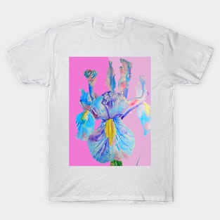 Iris Watercolor Painting - Blue with Raindrops - on Magenta and Lilac Pink T-Shirt